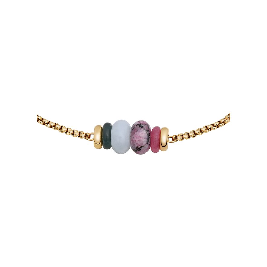 Gros plan d'un bracelet Tamaris doré en acier inoxydable avec perles d'aventurine colorées aux nuances variées.