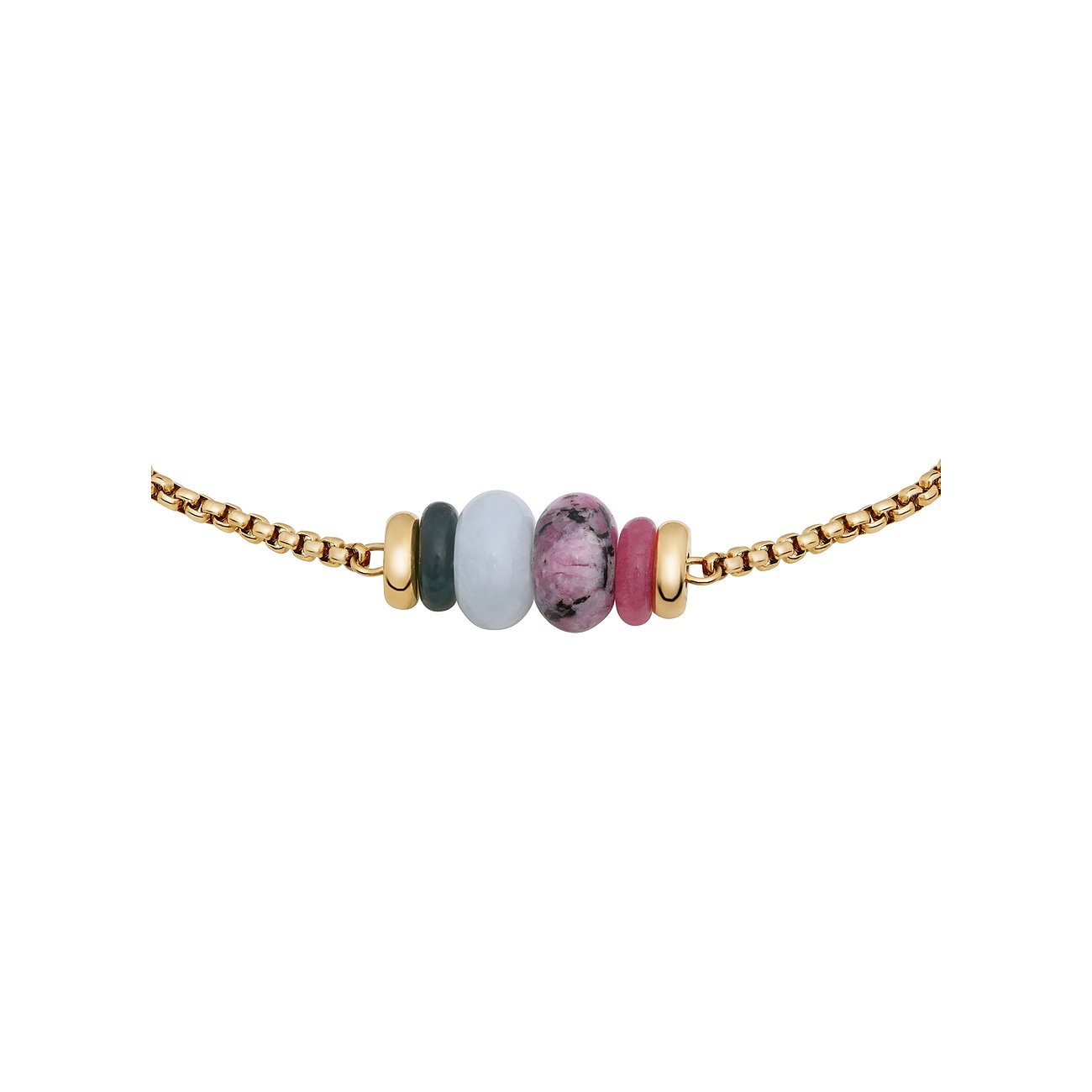 Gros plan d'un bracelet Tamaris doré en acier inoxydable avec perles d'aventurine colorées aux nuances variées.