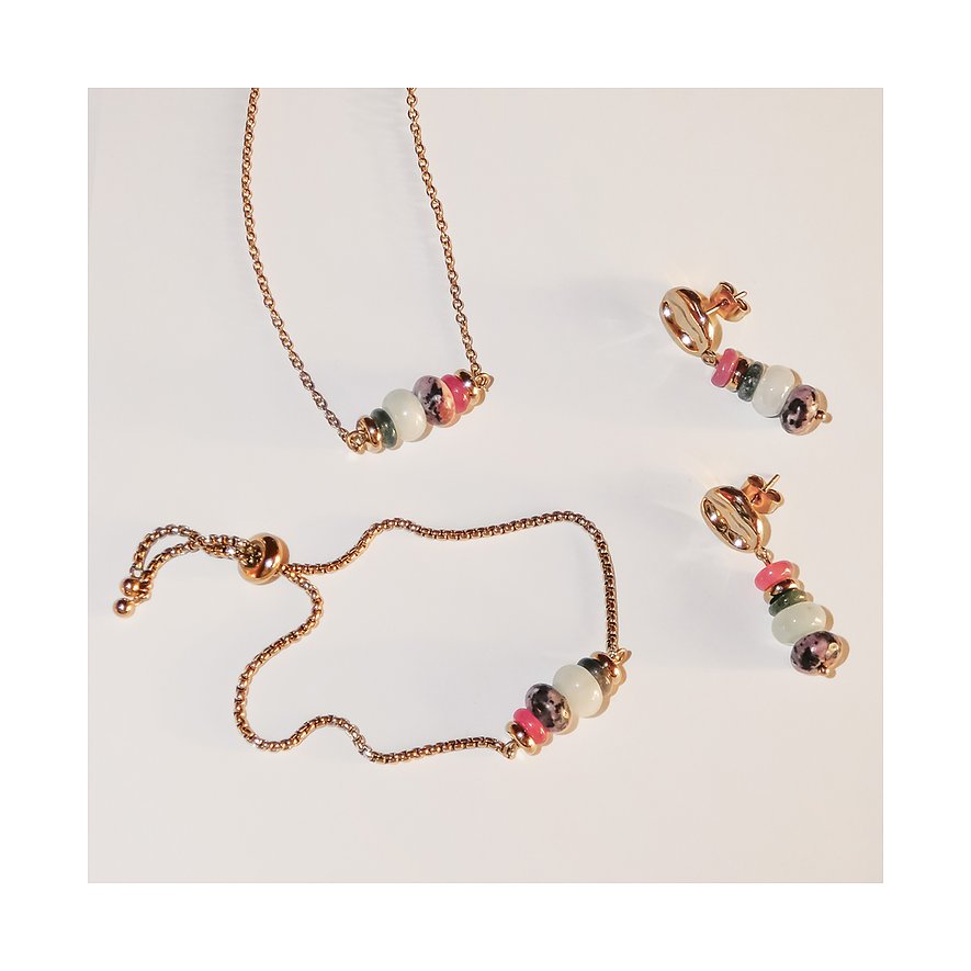 Set Tamaris : collier, bracelet, boucles d'oreilles en acier inoxydable doré rose avec aventurines colorées.