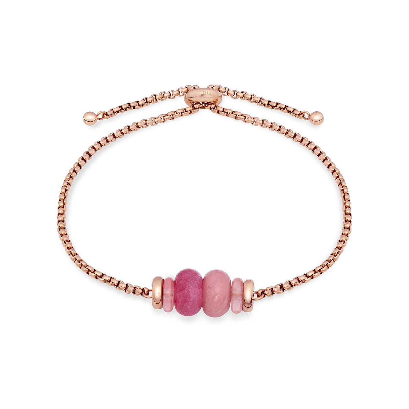 Tamaris Armband aus roségoldenem Edelstahl mit verstellbarem Verschluss und drei zentrierten, rosafarbenen Rhodonit-Farbsteinen.