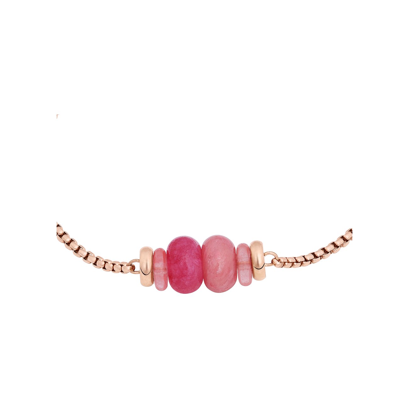 Ein Tamaris Armband aus roségoldfarbenem Edelstahl mit drei gefassten, runden Rhodonit-Farbsteinen in Pink- und Rosatönen.
