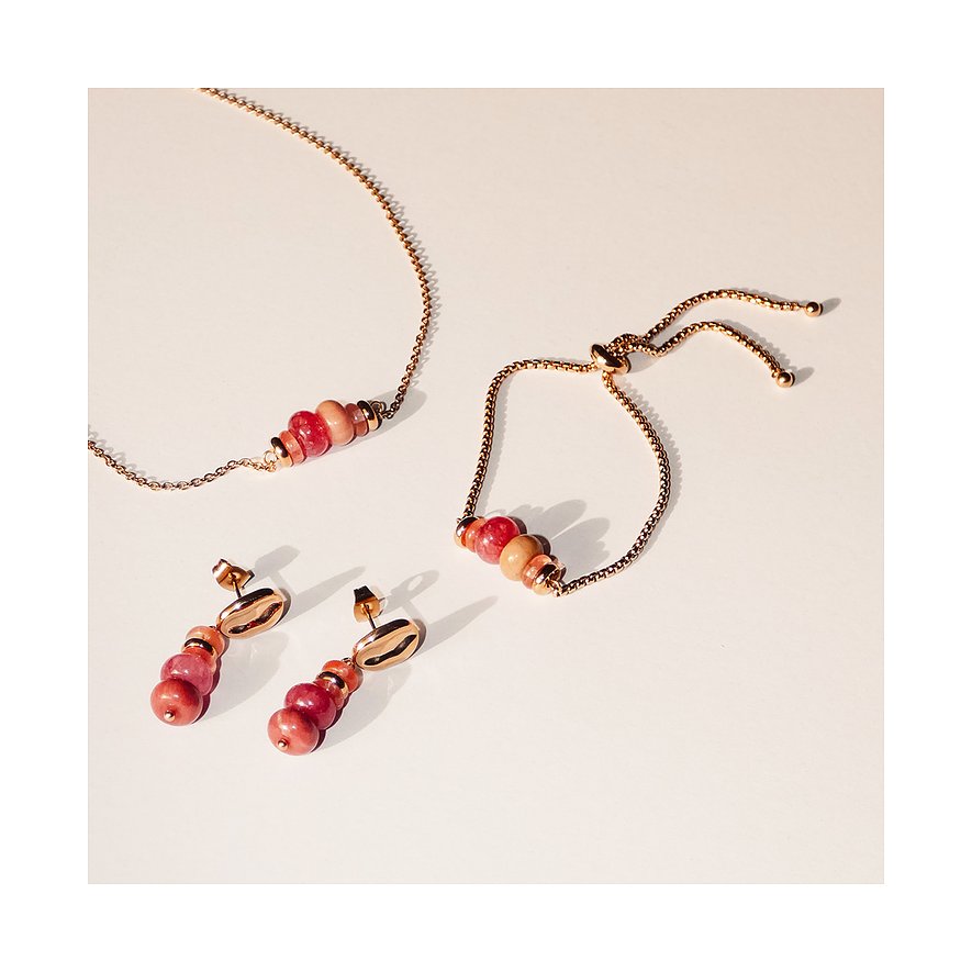 Tamaris Schmuckset aus goldfarbenem Edelstahl: Armband, Kette mit hellrosa/pinken Rhodonit-Farbsteinen & passende Ohrringe.