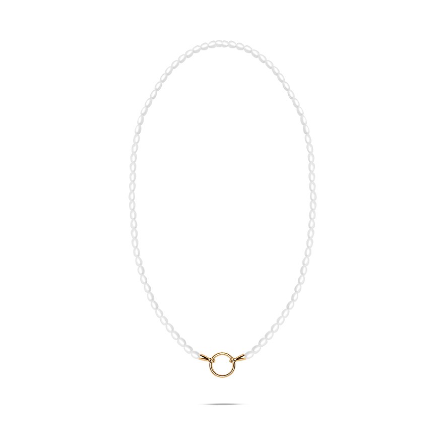 Einzelnes Produktbild einer Tamaris Halskette. Die Perlenkette aus Edelstahl hat einen goldenen O-Ring-Verschluss.