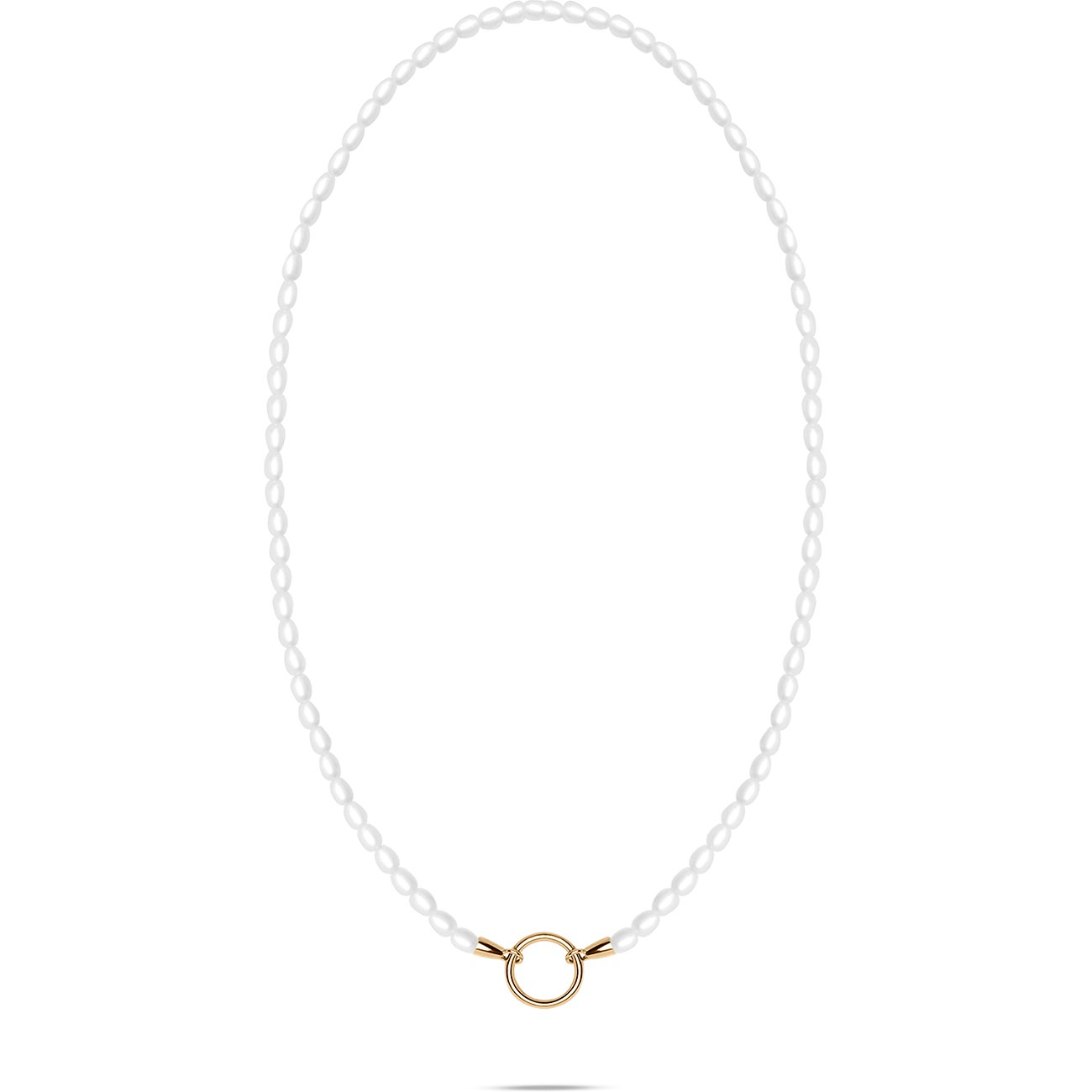 Einzelnes Produktbild einer Tamaris Halskette. Die Perlenkette aus Edelstahl hat einen goldenen O-Ring-Verschluss.