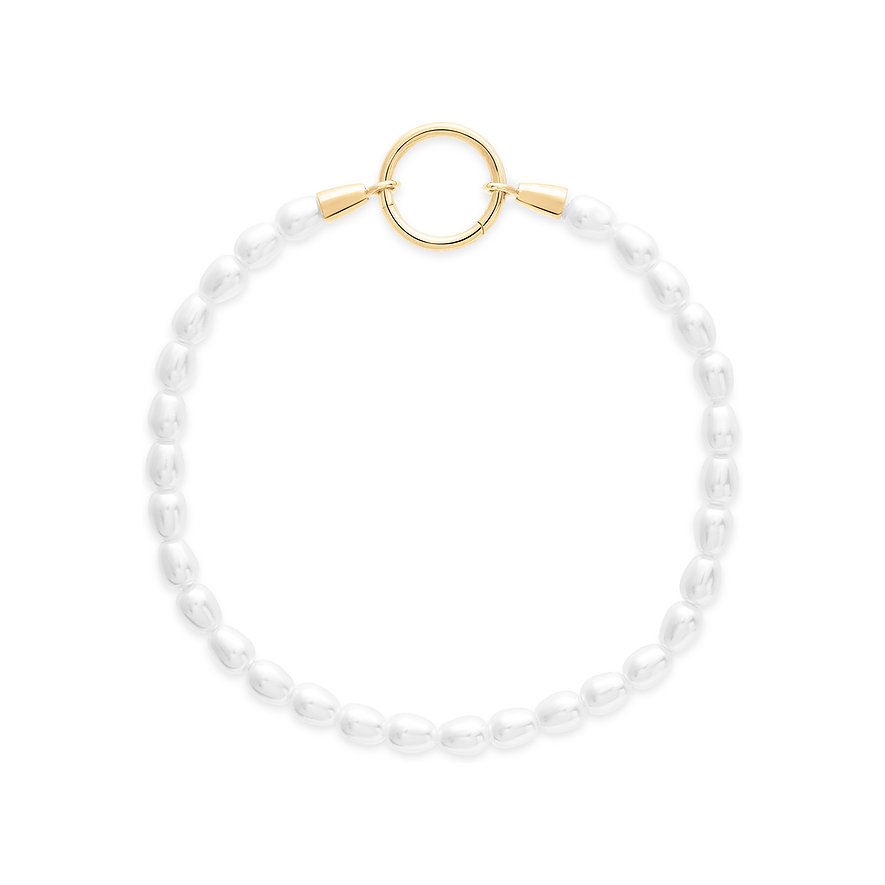Ett Tamaris-armband med runda, krämfärgade pärlor och en gyllene låsring i rostfritt stål.