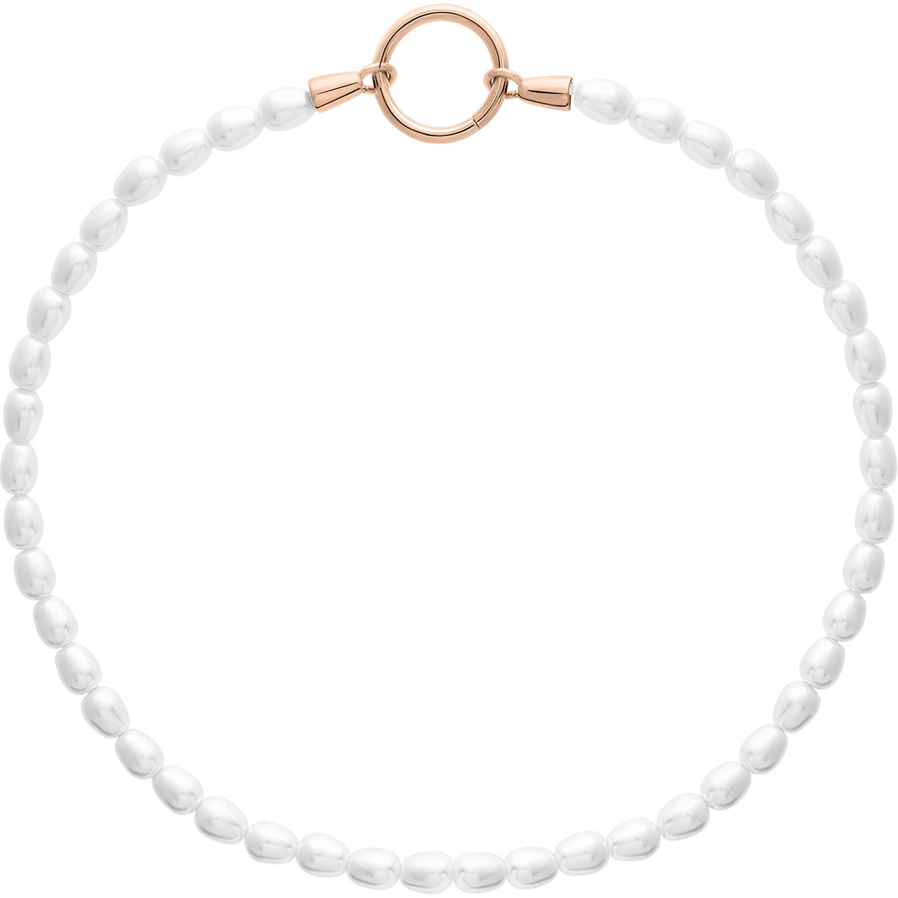 Primo piano di una collana Tamaris in acciaio inox color oro rosa con numerose perle bianche e una chiusura tonda.