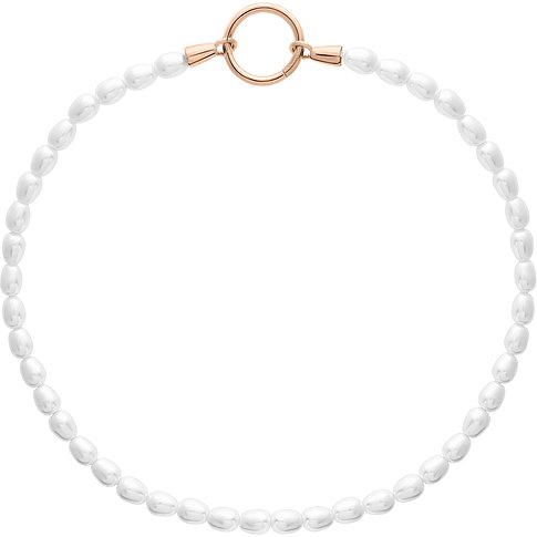 Close-up van een Tamaris roségouden RVS ketting met vele witte parels en een ronde sluiting.