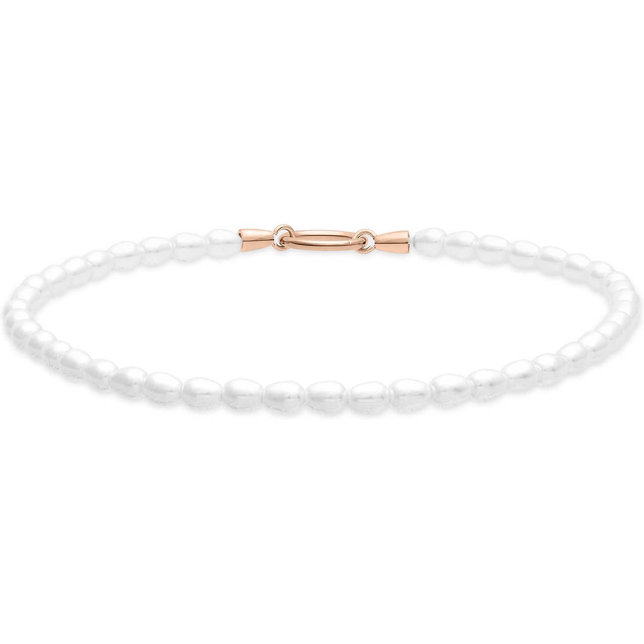 Questo bracciale di perle Tamaris in acciaio inossidabile ha una chiusura color oro rosa ed è fatto di perle piatte.