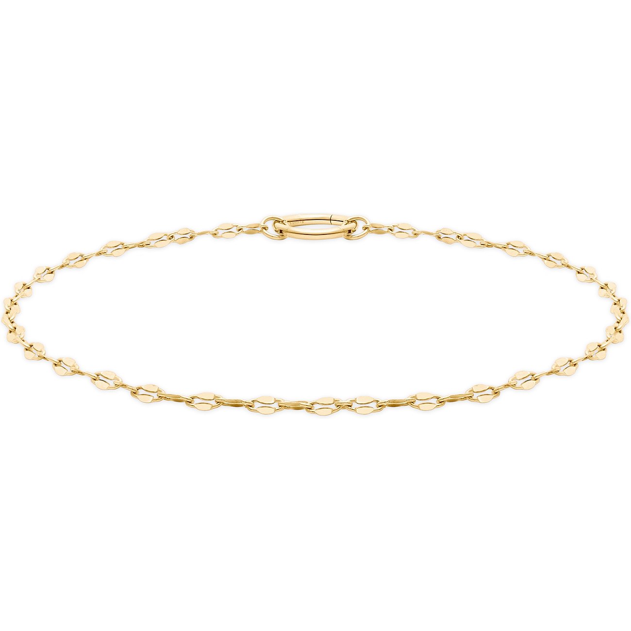Tamaris Armband aus glänzendem goldfarbenem Edelstahl in zarter, flacher Gliederketten-Optik auf weißem Hintergrund.