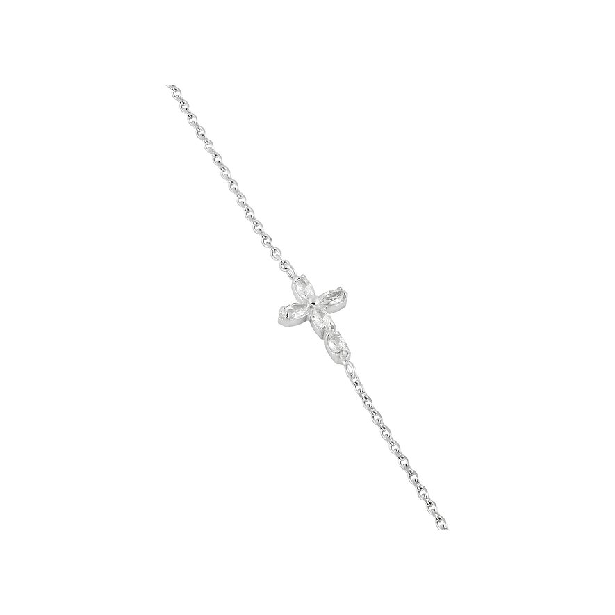 Ein silbernes Tamaris Armband aus Edelstahl mit einer Blüte, besetzt mit Zirkonia-Farbsteinen, schräg von oben.