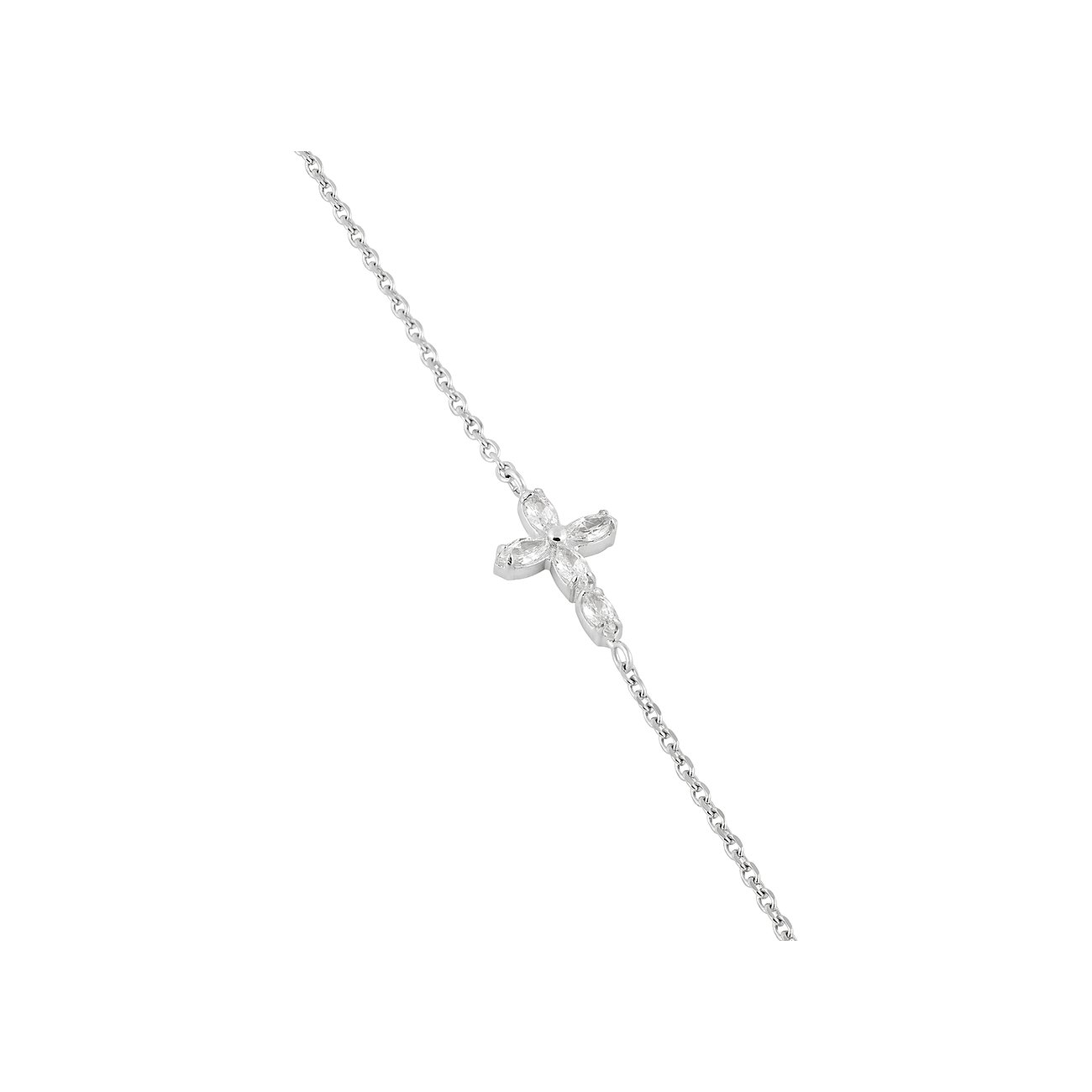 Ein silbernes Tamaris Armband aus Edelstahl mit einer Blüte, besetzt mit Zirkonia-Farbsteinen, schräg von oben.