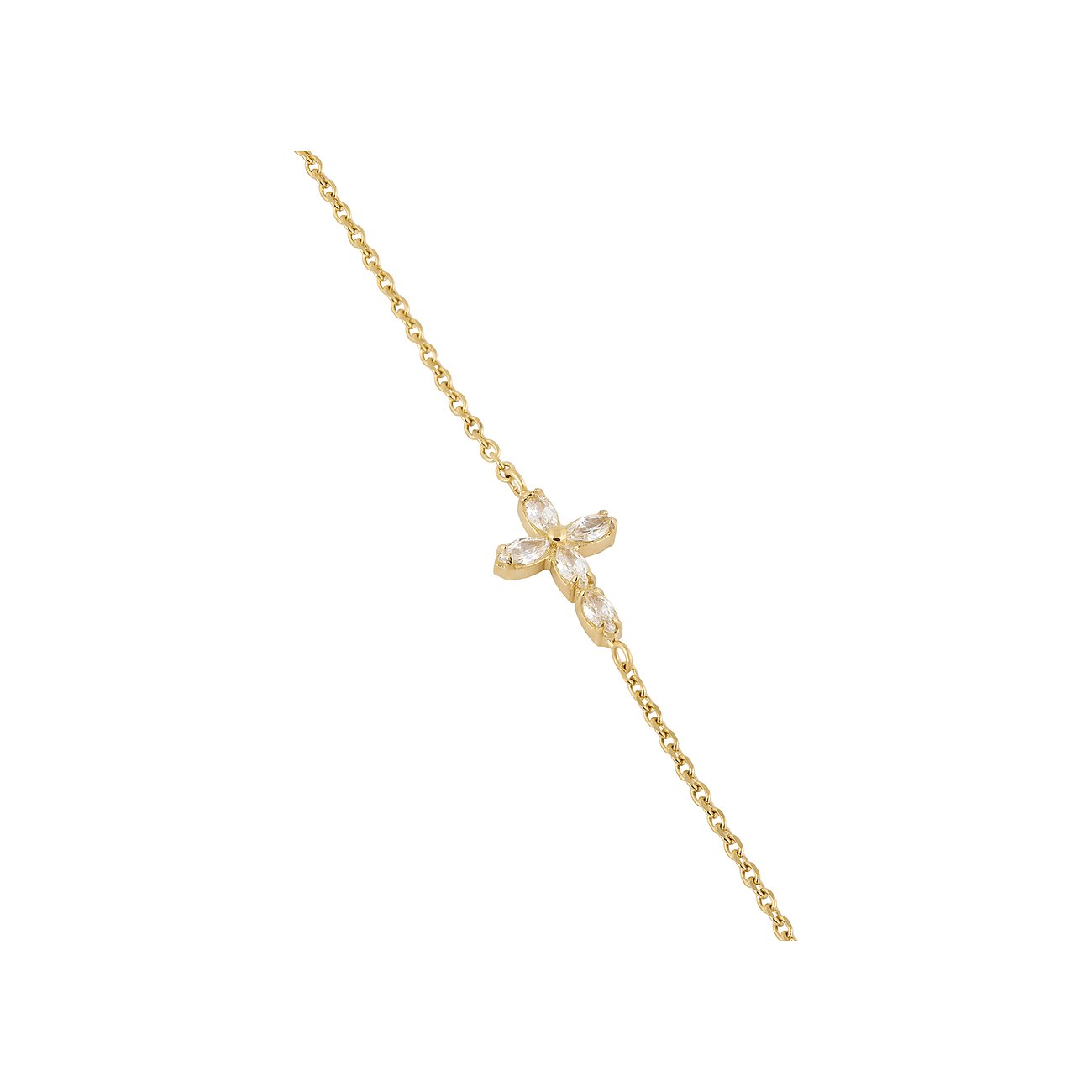 Tamaris Armband aus goldfarbenem Edelstahl mit kleinem, seitlich sitzendem Kreuz, besetzt mit Zirkonia-Farbsteinen.