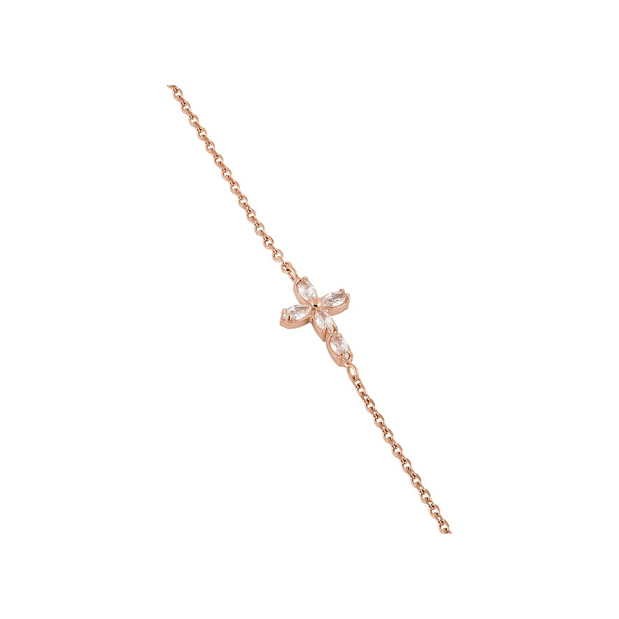 Tamaris Armband aus roségoldfarbenem Edelstahl mit kreuzförmigem Element, besetzt mit funkelnden Zirkonia-Farbsteinen.