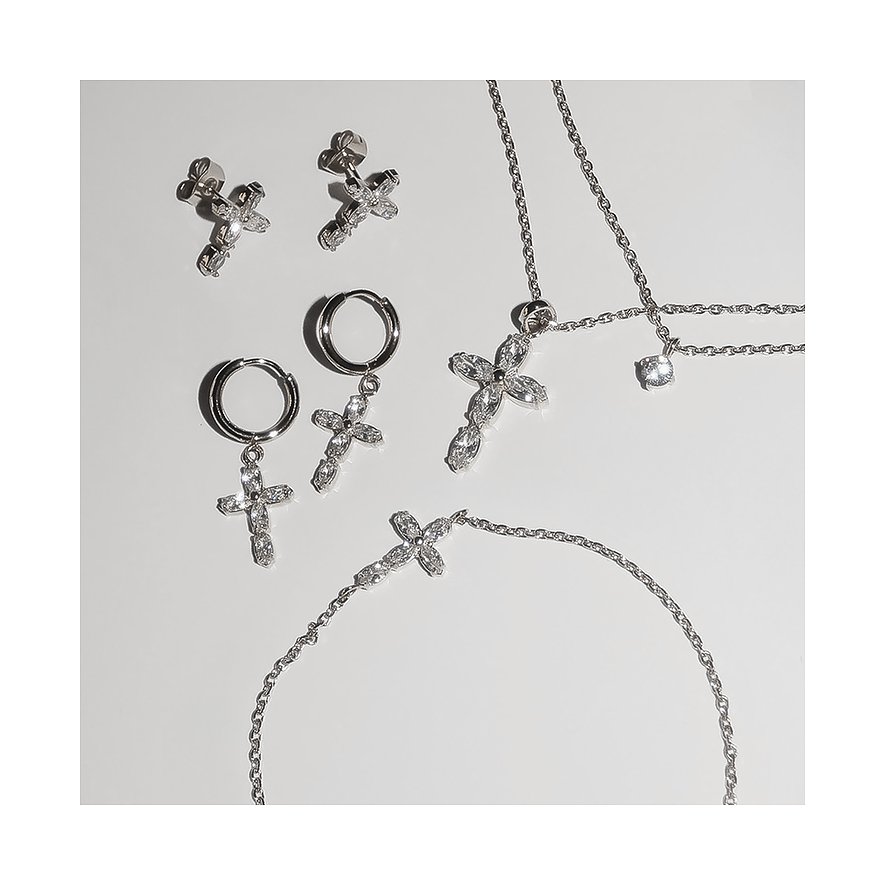 Tamaris Set: Ohrstecker, Creolen, Halskette, Armschmuck aus Edelstahl, besetzt mit Zirkonia in Kreuzform.