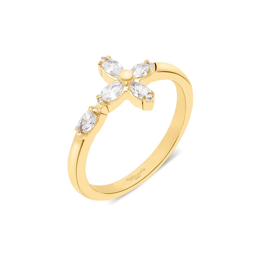 Ein goldener Tamaris Edelstahl Ring mit einem floralen Element aus fünf klaren Zirkonia-Farbsteinen.