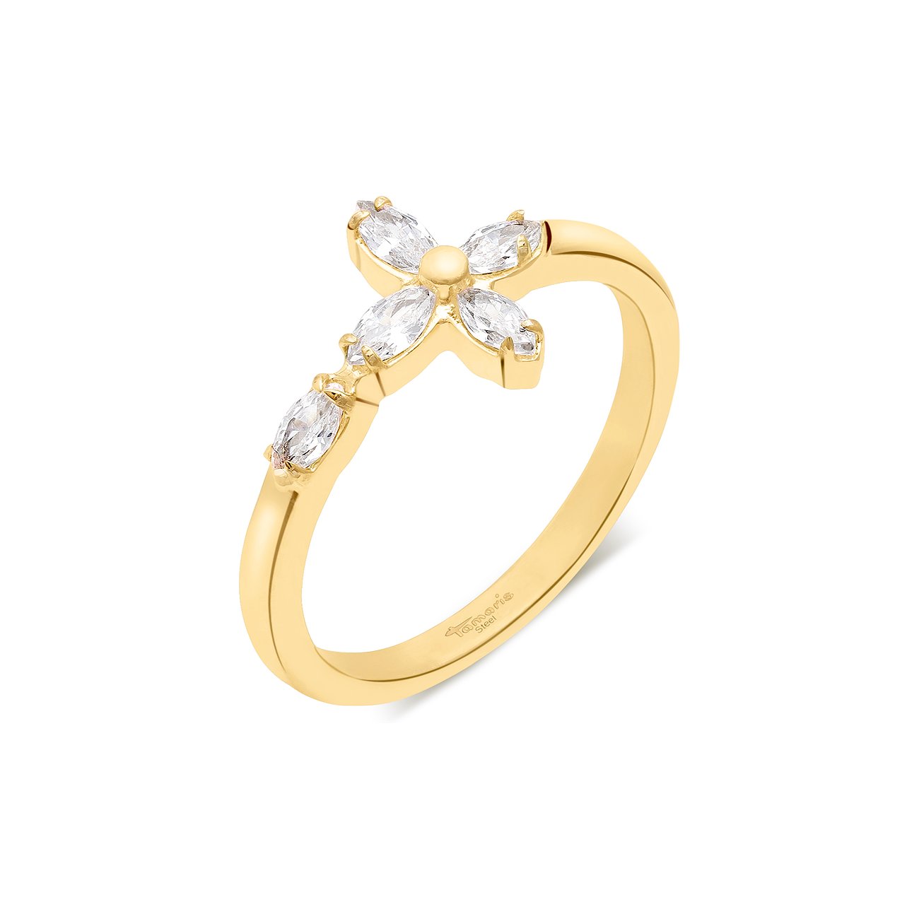 Ein goldener Tamaris Edelstahl Ring mit einem floralen Element aus fünf klaren Zirkonia-Farbsteinen.