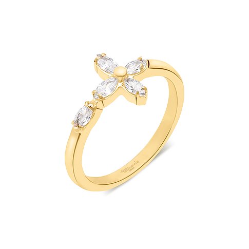 Ein goldener Tamaris Edelstahl Ring mit einem floralen Element aus fünf klaren Zirkonia-Farbsteinen.