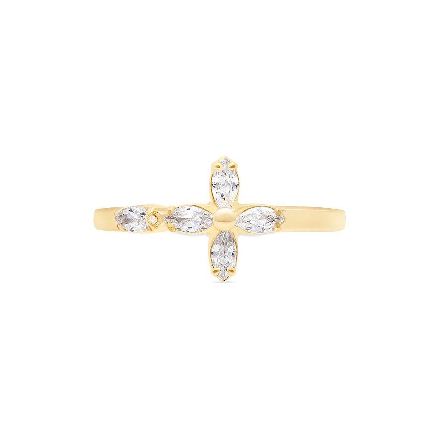 Nahaufnahme eines goldfarbenen Tamaris Rings aus Edelstahl mit einem blumenförmigen Kreuz aus Zirkonia Farbedelsteinen.