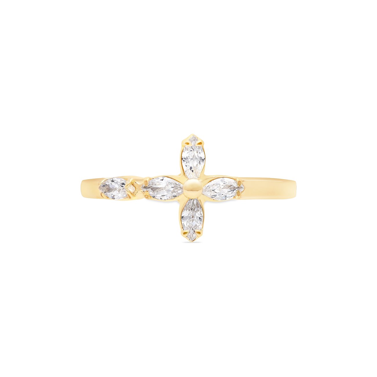 Nahaufnahme eines goldfarbenen Tamaris Rings aus Edelstahl mit einem blumenförmigen Kreuz aus Zirkonia Farbedelsteinen.