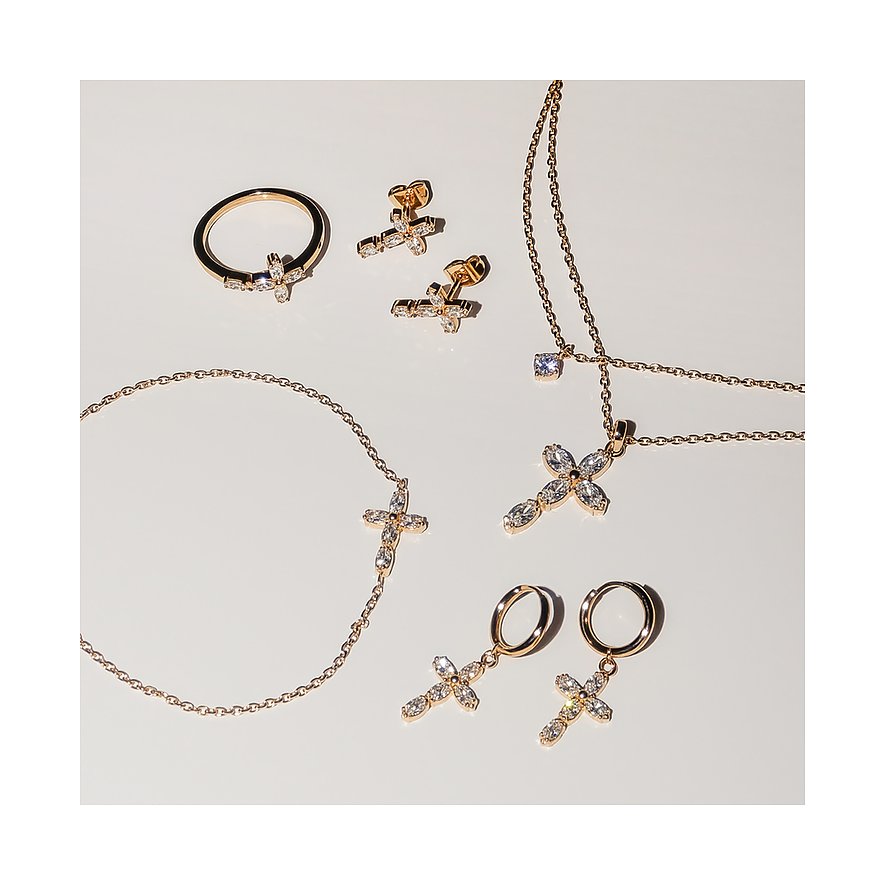 Tamaris Schmuckset aus goldenem Edelstahl: Ringe, Ohrringe, Halsketten mit funkelnden Zirkonia-Kreuzen.