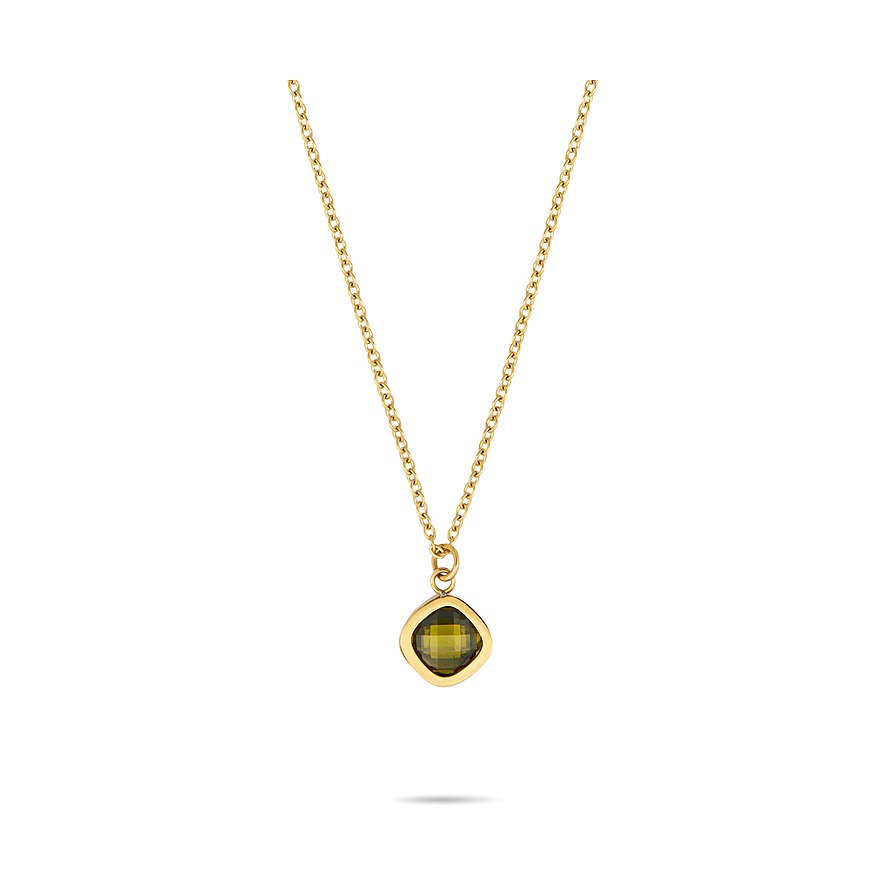 Eine Tamaris Edelstahlkette in Gold mit einem quadratischen grünen Zirkonia-Farbstein in der Mitte als Anhänger.