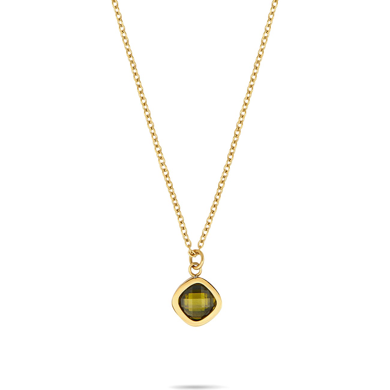 Eine Tamaris Edelstahlkette in Gold mit einem quadratischen grünen Zirkonia-Farbstein in der Mitte als Anhänger.