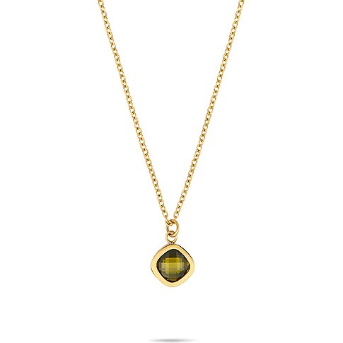 Eine Tamaris Edelstahlkette in Gold mit einem quadratischen grünen Zirkonia-Farbstein in der Mitte als Anhänger.