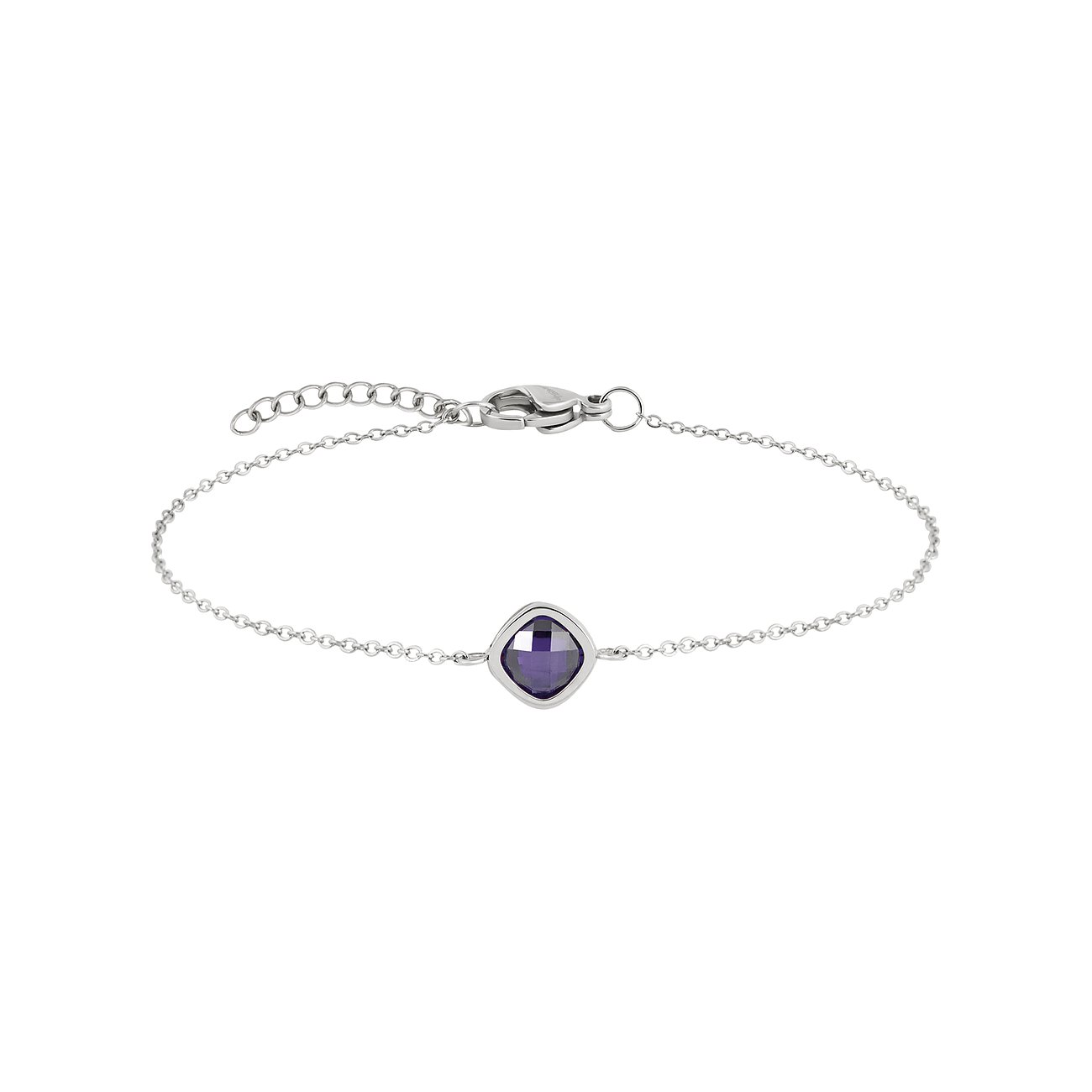 Bracelet Tamaris en acier inoxydable avec une pierre de couleur zircone carrée violette au centre.