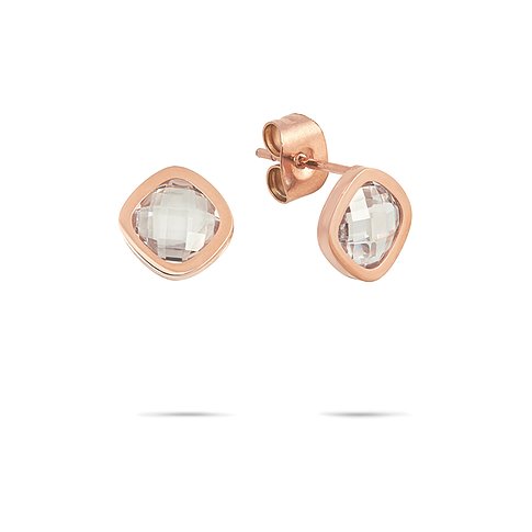 Zwei roségoldfarbene Tamaris Ohrstecker aus Edelstahl mit einem kissenförmigen, klaren Zirkonia-Farbstein in der Mitte.