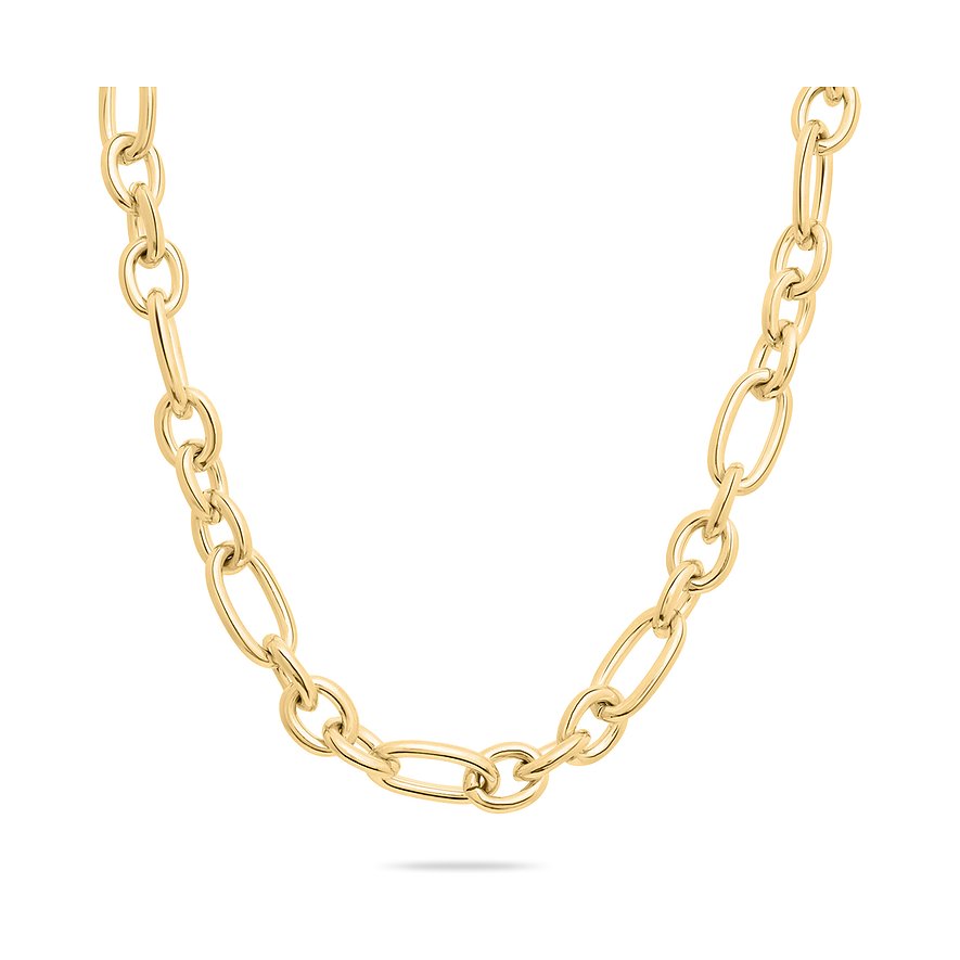 Närbild av ett Tamaris halsband i guldfärgat rostfritt stål med stora, rundade, ovala kedjelänkar.