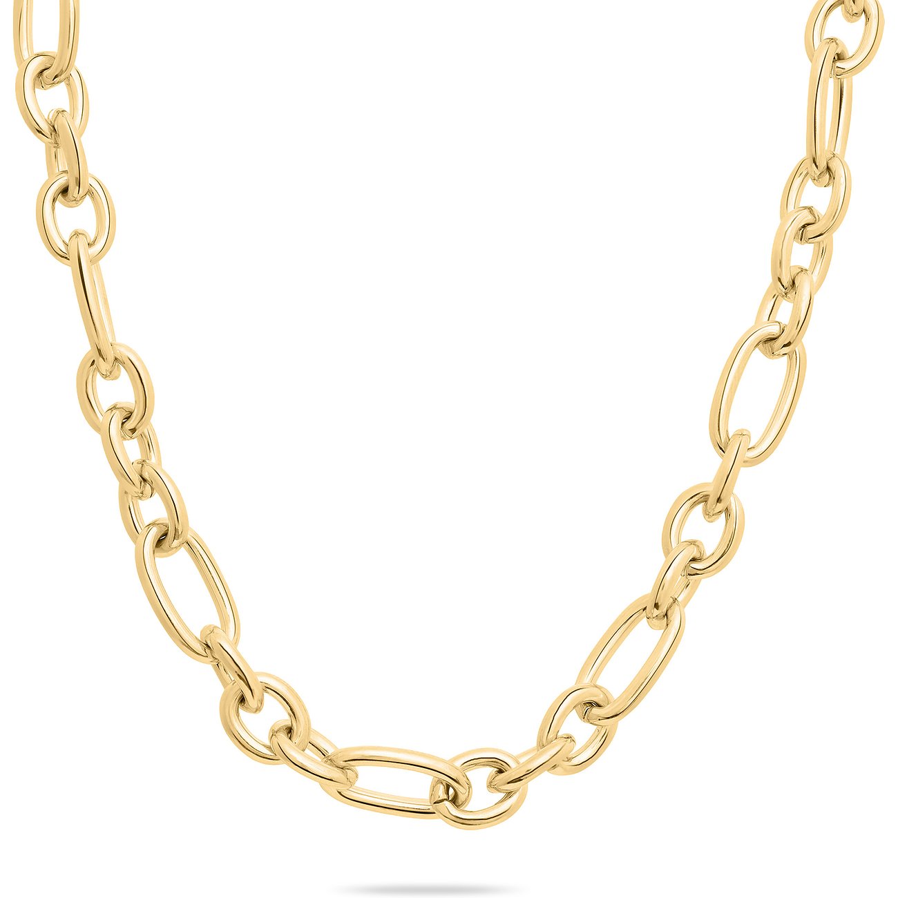 Närbild av ett Tamaris halsband i guldfärgat rostfritt stål med stora, rundade, ovala kedjelänkar.