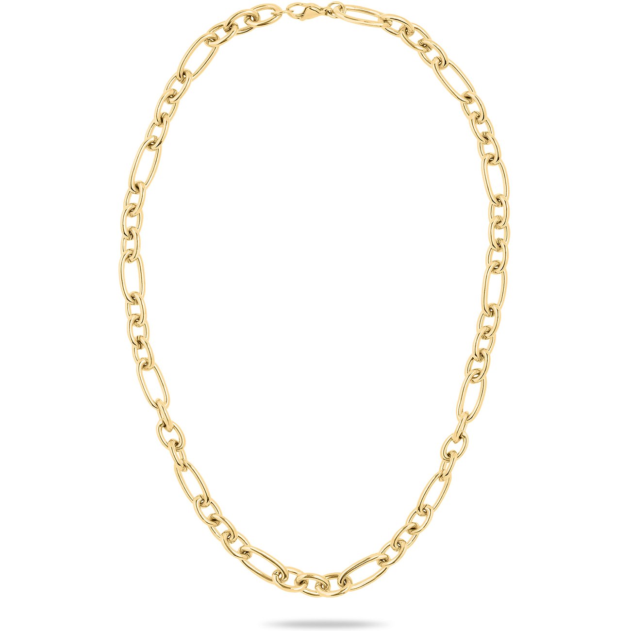 Ett långt, guldfärgat Tamaris Figaro-halsband i rostfritt stål med fina, glänsande länkar.