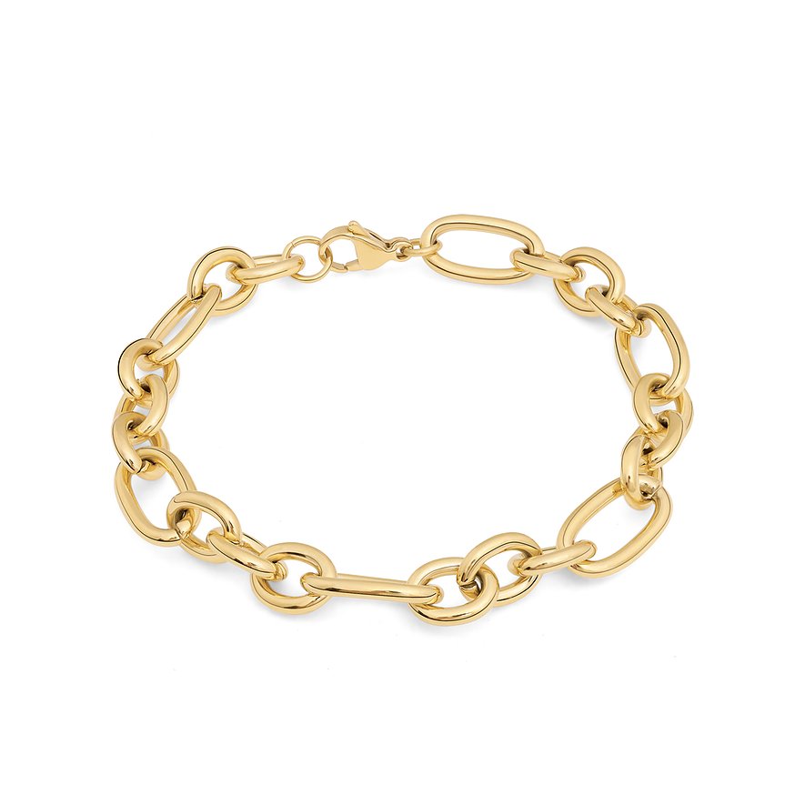 Dieses Tamaris Armband aus goldfarbenem Edelstahl besteht aus einer groben Gliederkette mit einem Karabinerverschluss.