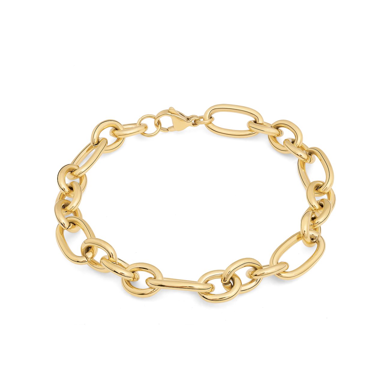 Dieses Tamaris Armband aus goldfarbenem Edelstahl besteht aus einer groben Gliederkette mit einem Karabinerverschluss.