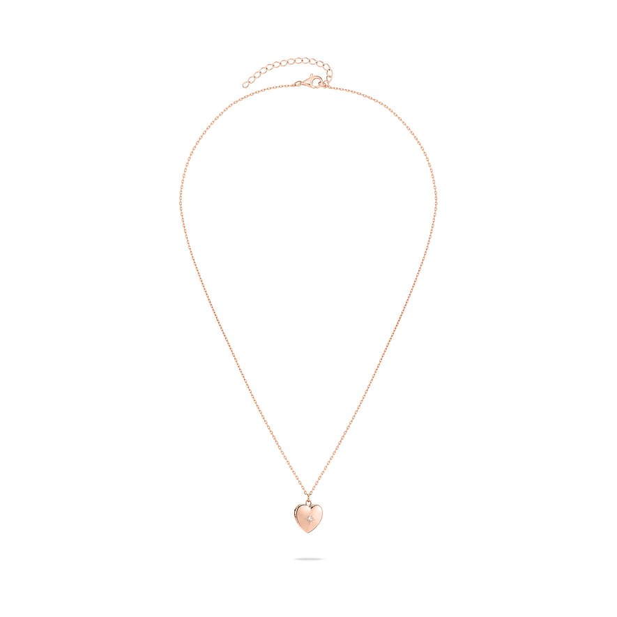 Feine Tamaris Halskette aus roségoldfarbenem Edelstahl mit einem herzförmigen Anhänger, der einen einzelnen Zirkonia ziert.