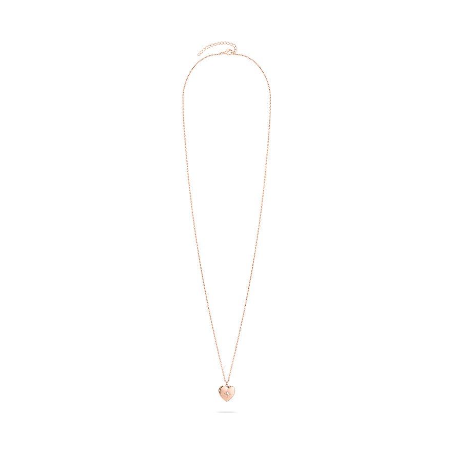 Long collier Tamaris en acier inoxydable couleur or rose avec pendentif cœur et une pierre de zircone scintillante.