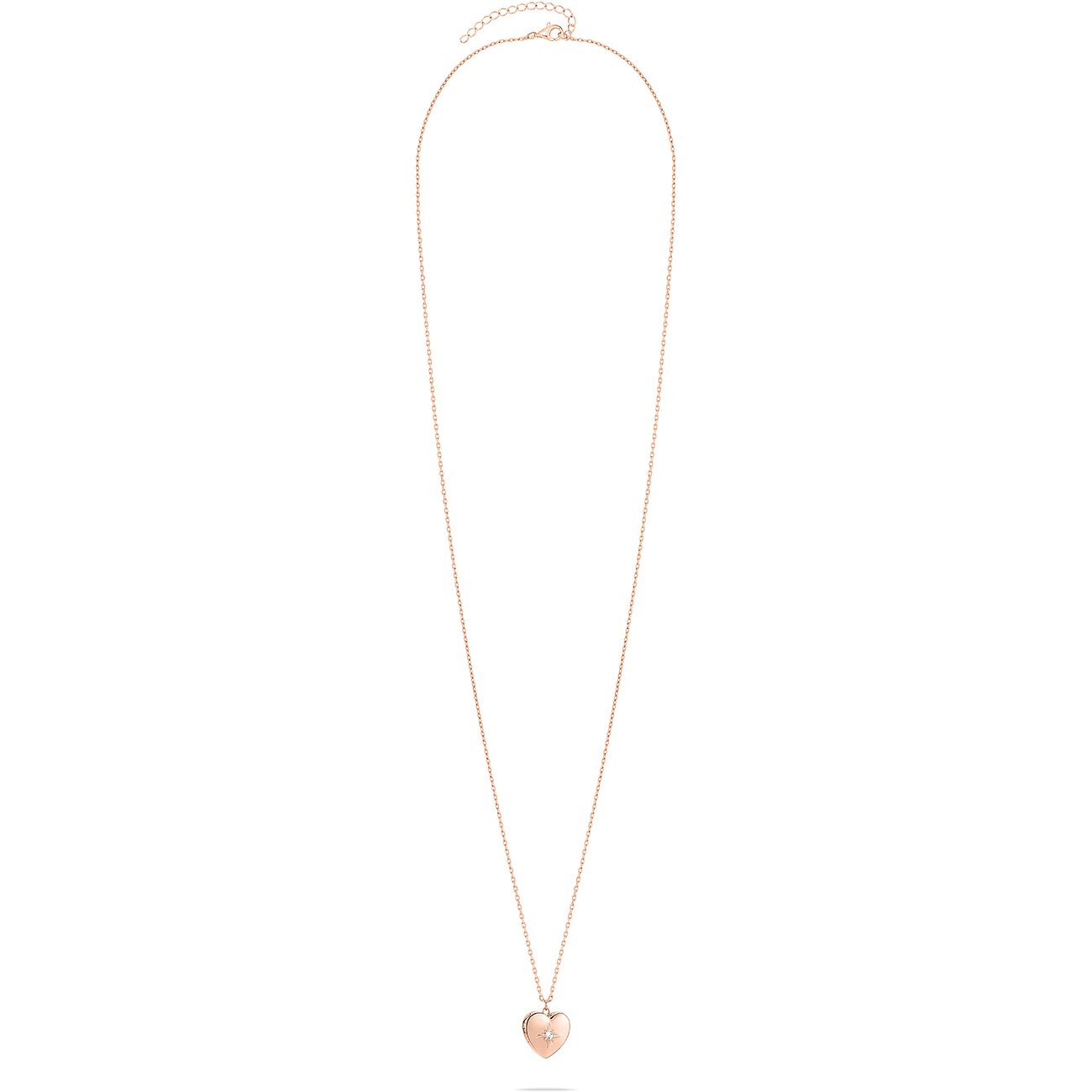 Long collier Tamaris en acier inoxydable couleur or rose avec pendentif cœur et une pierre de zircone scintillante.