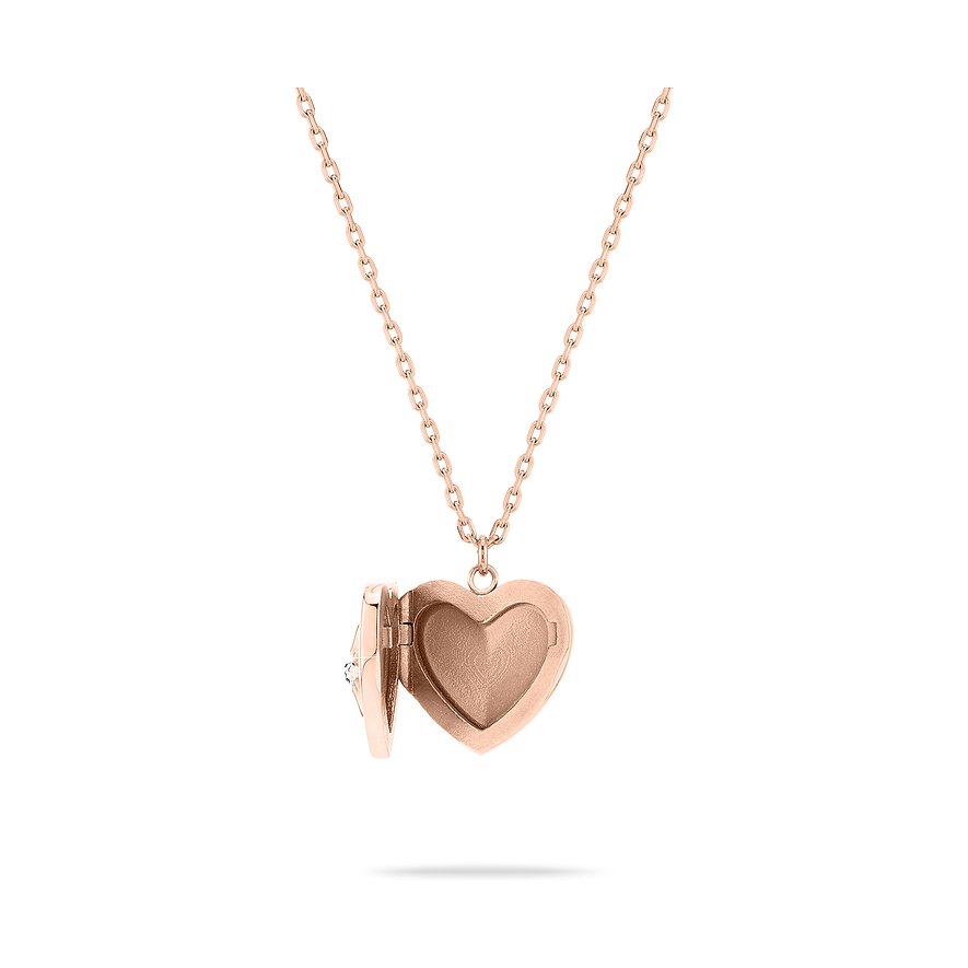 Collier cœur Tamaris ouvert, or rose, acier inoxydable, zircone. Le médaillon révèle un cœur à l'intérieur.
