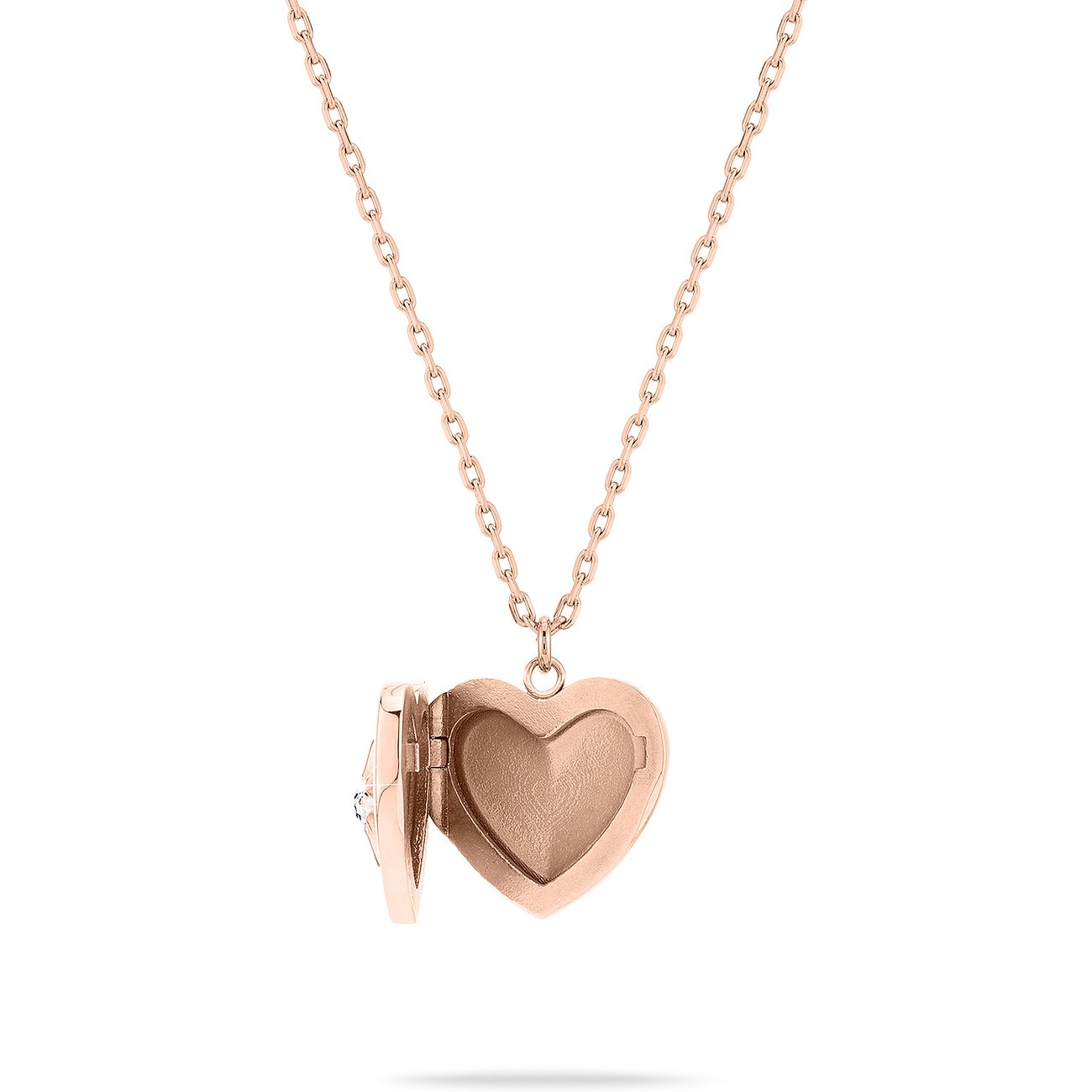 Collier cœur Tamaris ouvert, or rose, acier inoxydable, zircone. Le médaillon révèle un cœur à l'intérieur.