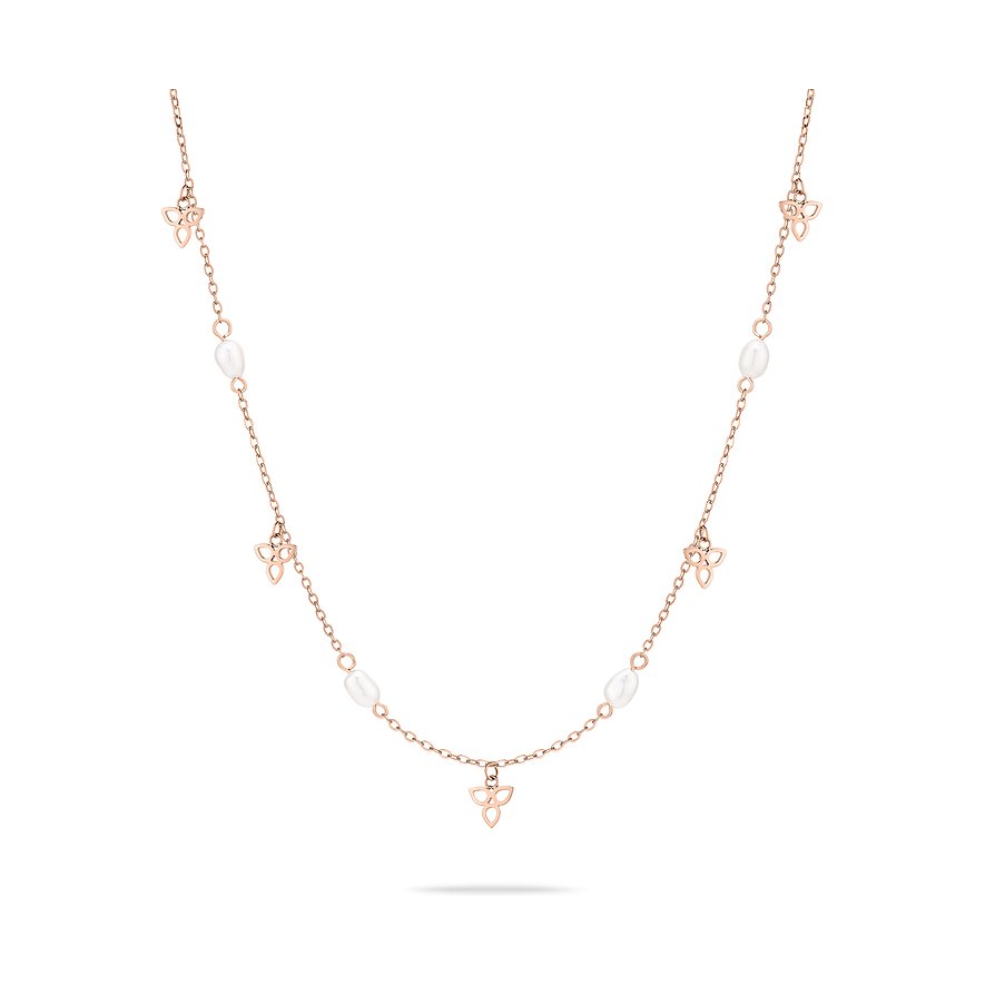 Een roségoudkleurige Tamaris roestvrijstalen ketting met kleine driehoekige hangers en ovale, crèmekleurige parels.
