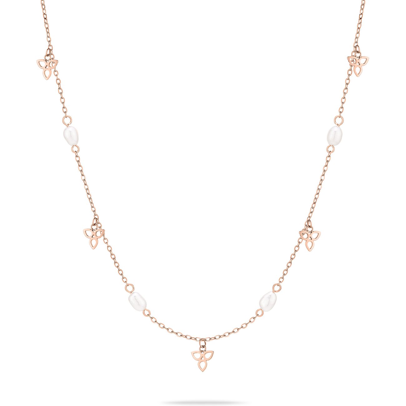 Een roségoudkleurige Tamaris roestvrijstalen ketting met kleine driehoekige hangers en ovale, crèmekleurige parels.
