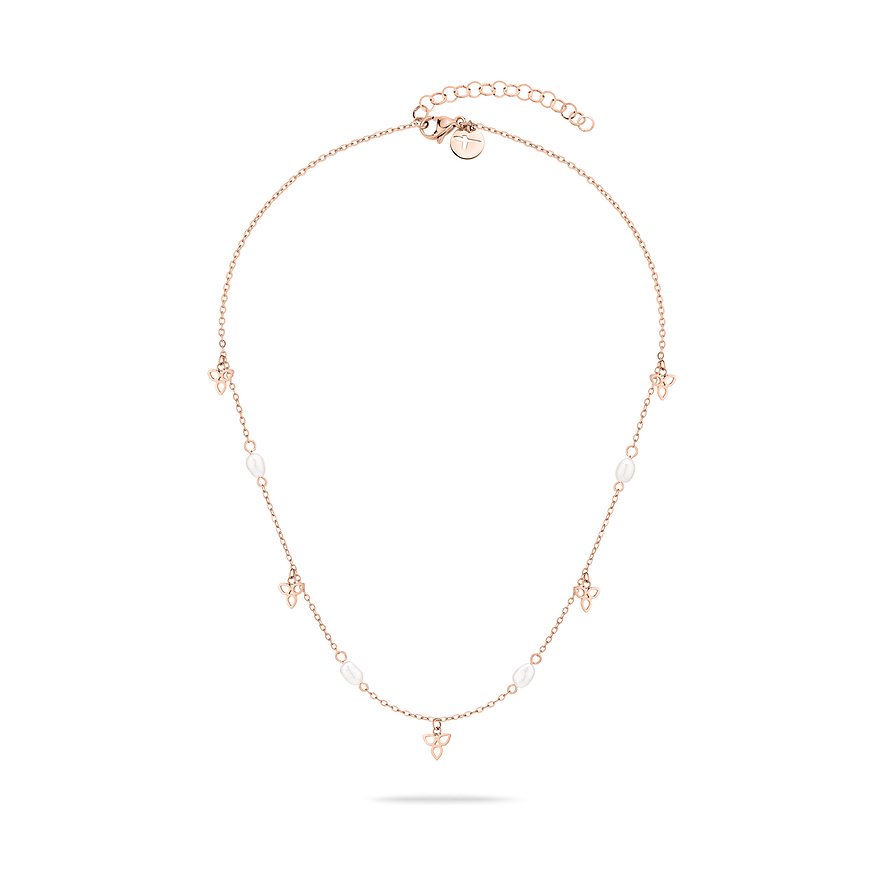 Close-up van een Tamaris ketting in rosé goudkleurig roestvrij staal met parels en vlinderhangers.