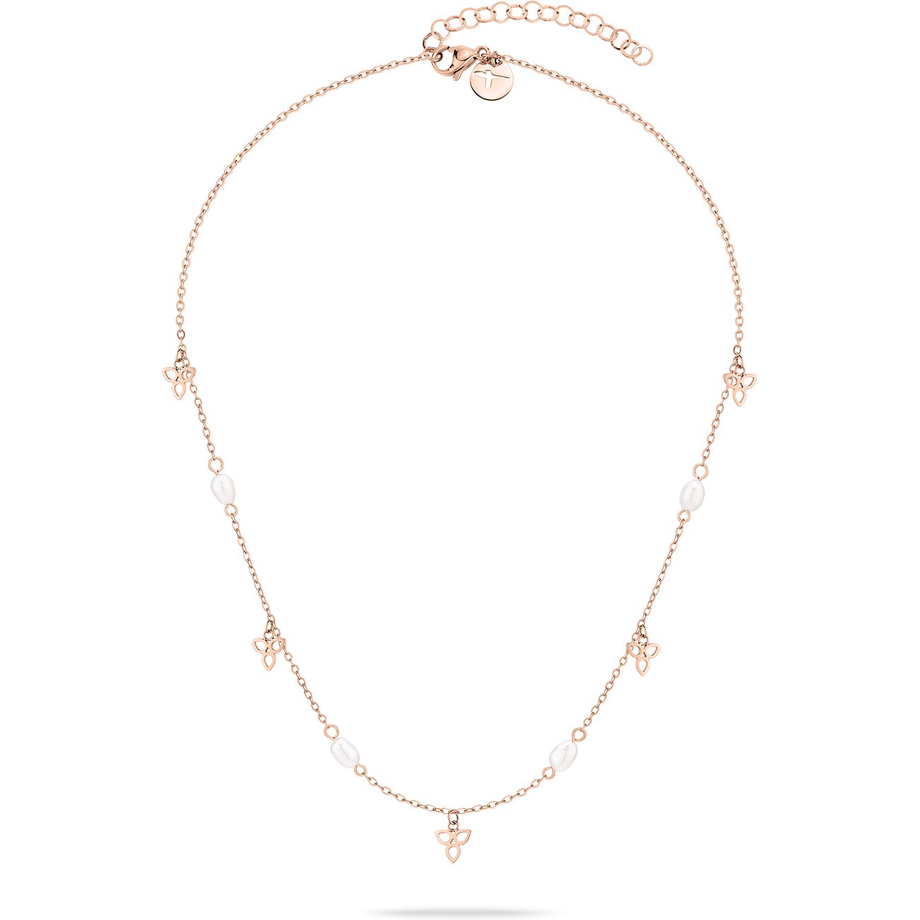 Close-up van een Tamaris ketting in rosé goudkleurig roestvrij staal met parels en vlinderhangers.