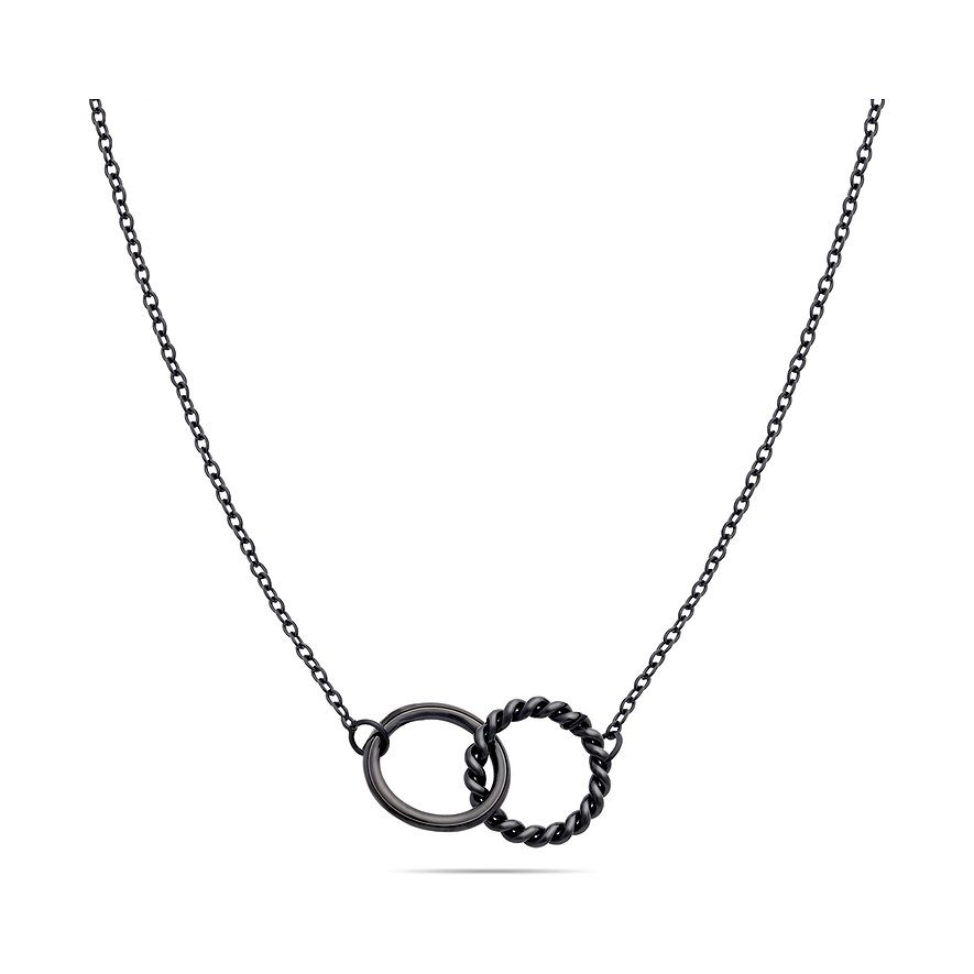 Una collana Tamaris in acciaio inossidabile nero con due anelli intrecciati, uno liscio e uno ritorto.