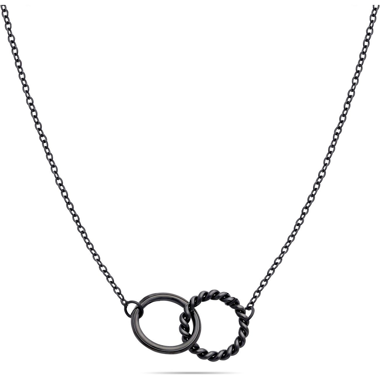 Una collana Tamaris in acciaio inossidabile nero con due anelli intrecciati, uno liscio e uno ritorto.
