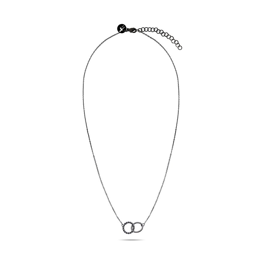 Collana Tamaris in acciaio inox con due anelli intrecciati come pendente. Un anello è decorato, l'altro liscio.