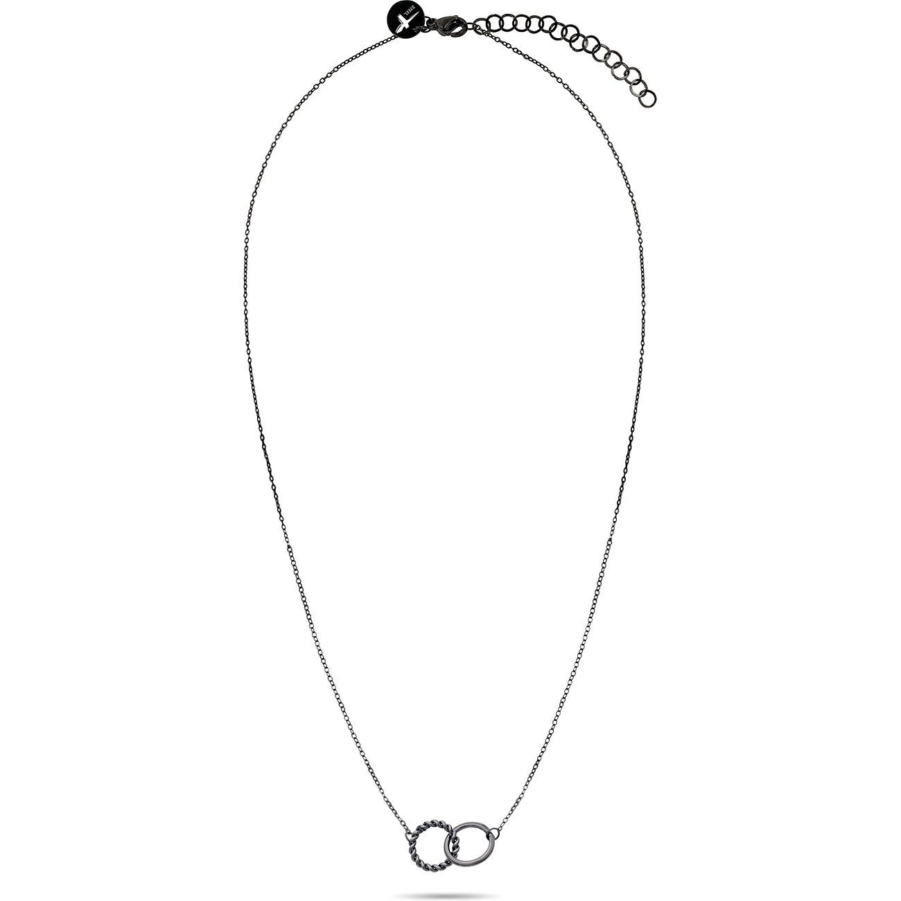 Collana Tamaris in acciaio inox con due anelli intrecciati come pendente. Un anello è decorato, l'altro liscio.