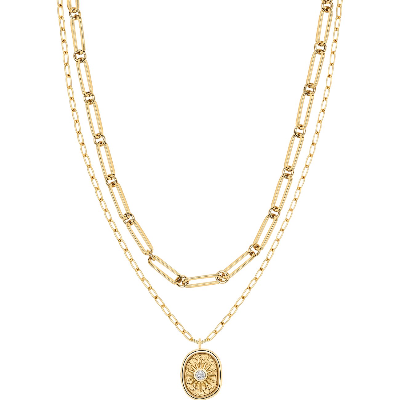 Tamaris Schmuck-Set mit doppelter, goldfarbener Edelstahlkette und einem ovalen Anhänger mit Zirkonia-Stein.