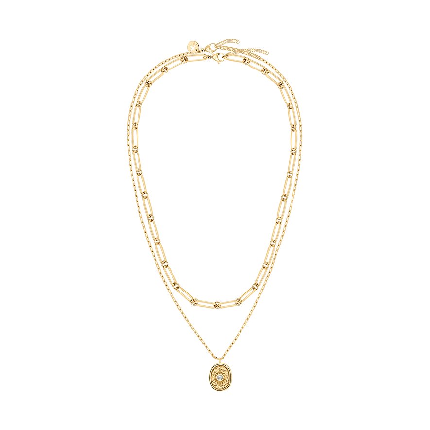 Tamaris Schmuckset aus goldfarbenem Edelstahl mit zwei Halsketten, die eine hat ein ovales Medaillon mit Zirkonia.