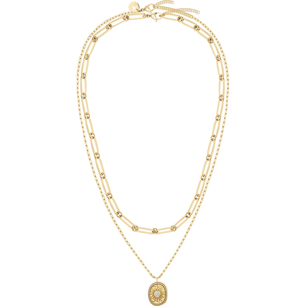 Tamaris Schmuckset aus goldfarbenem Edelstahl mit zwei Halsketten, die eine hat ein ovales Medaillon mit Zirkonia.